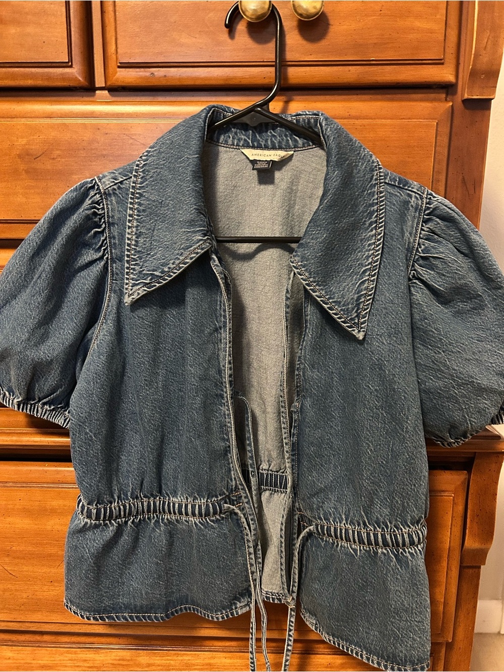 American Eagle Denim Puff-Sleeve Tie Top